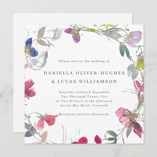 パープル&ピンクスイートピーリーススクエア結婚ズ 招待状 (正面/裏面)