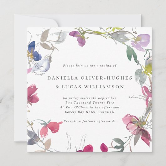 パープル&ピンクスイートピーリーススクエア結婚ズ 招待状 (正面)