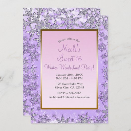 パープル&ピンクスノーフレーク冬ワンダーランドパーティー 招待状 (正面/裏面)