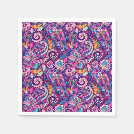 パープル&ピンクフローラペイズリーガールズボお洒落ホ スタンダードカクテルナプキン (正面)