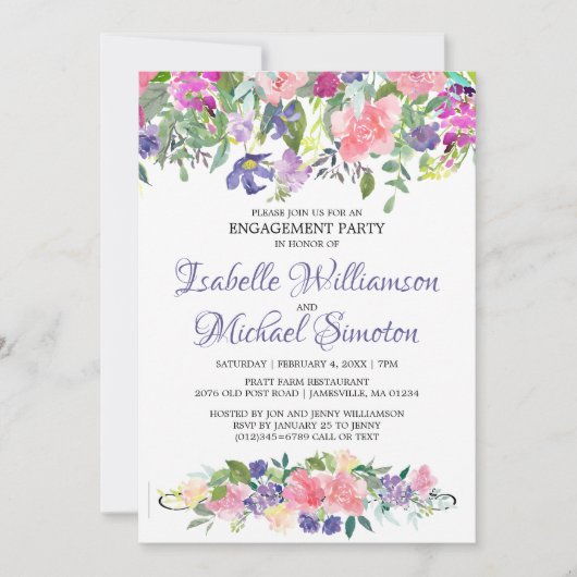 パープル&ピンクフローラ婚約パーティ招待状 招待状 (正面)