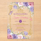 パープル&ピンクフローラ金ゴールドクラウンガールキンセアニラ アクリル招待状 (正面)