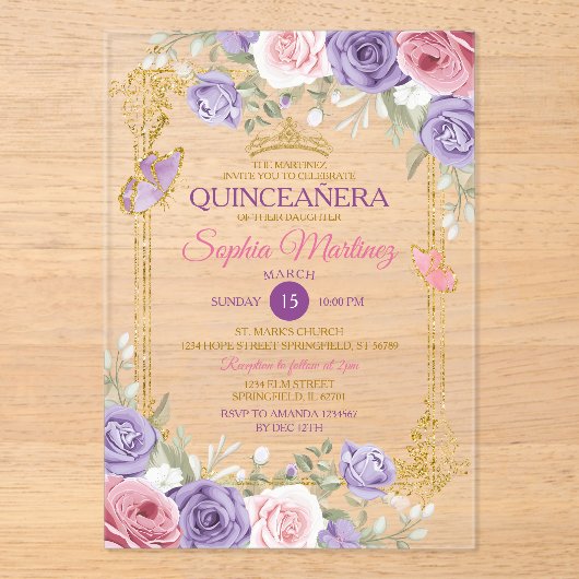 パープル&ピンクフローラ金ゴールドクラウンガールキンセアニラ アクリル招待状 (正面)