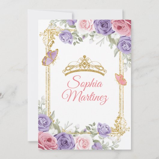 パープル&ピンクフローラ金ゴールドクラウンガールキンセアニラ 招待状 (裏面)
