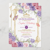 パープル&ピンクフローラ金ゴールドクラウンガールキンセアニラ 招待状 (正面/裏面)