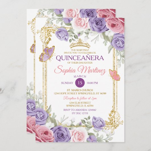 パープル&ピンクフローラ金ゴールドクラウンガールキンセアニラ 招待状 (正面/裏面)