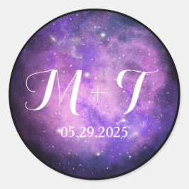 パープル&ピンク星雲結婚のサークルステッカー ラウンドシール