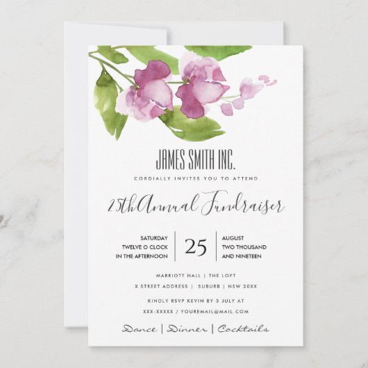 パープル ピンク インク 水彩 花 コーポレート イベント 招待状 (正面)