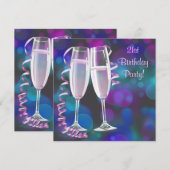 パープル ピンク シャンパン 女性の21歳の誕生日パーティー 招待状 (正面/裏面)