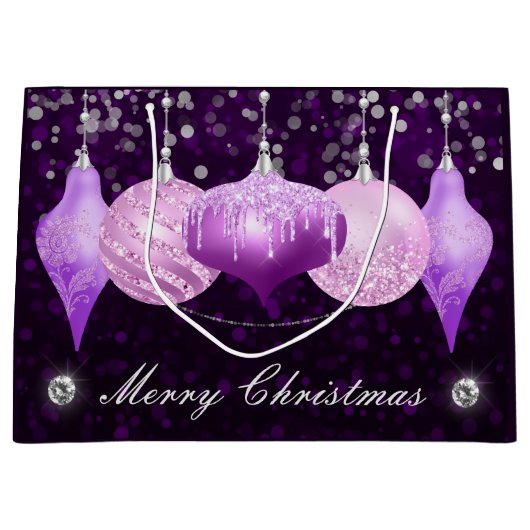 パープル、ピンク、シルバーボードメリークリスマス ラージペーパーバッグ (正面)