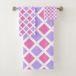 パープル ピンク チェッカー ダイヤモンド パターン バスタオルセット