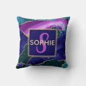 パープル、ピンク&ティール（緑がかった色）フェイク金ゴールドグリッターアゲート クッション (裏面)