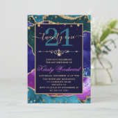 パープル、ピンク&ティール(緑がかった色)金ゴールドグリッターアゲート誕生日 招待状 (スタンド正面)