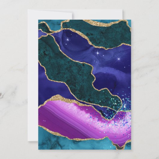 パープル、ピンク&ティール（緑がかった色）金ゴールドグリッターアゲート誕生日 招待状 (裏面)