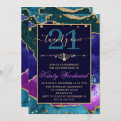 パープル、ピンク&ティール(緑がかった色)金ゴールドグリッターアゲート誕生日 招待状 (正面/裏面)