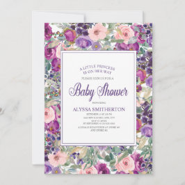 パープル ピンク フラワーの小さな女の子のベビーシャワー 招待状