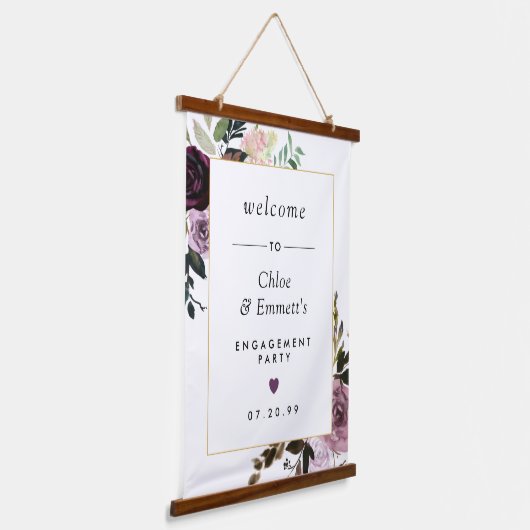 パープル ピンク フラワーエンゲージメントパーティー ウェルカムサイン 吊り下げ型タペストリー (傾斜あり)