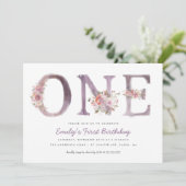 パープル ピンク フラワーズ ウォーターカラー 1歳の誕生日パーティー 招待状 (スタンド正面)