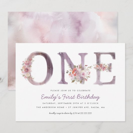 パープル ピンク フラワーズ ウォーターカラー 1歳の誕生日パーティー 招待状 (正面/裏面)
