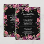 パープル ピンク フラワーズ ブラック ウェディング ウェルカム エンクロージャーカード (正面/裏面)