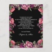 パープル ピンク フラワーズ ブラック ウェディング ウェルカム エンクロージャーカード (裏面)