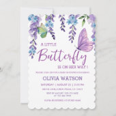 パープル ピンク フラワーバタフライ ガール ベビーシャワー 招待状 (正面)