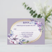 パープル ピンク フラワー ウォーターカラー ゴールド ジオメトリック パーティー 出欠カード (スタンド正面)