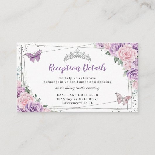 パープル ピンク フラワー シルバー キンセアニエラ レセプション エンクロージャーカード (正面)