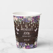 パープル ピンク フラワー 蝶 100歳の誕生日 紙コップ (裏面)