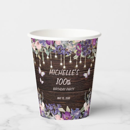 パープル ピンク フラワー 蝶 100歳の誕生日 紙コップ (正面)