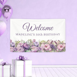 パープル ピンク フラワー 50歳の誕生日 ウェルカム 横断幕