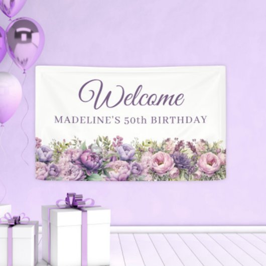 パープル ピンク フラワー 50歳の誕生日 ウェルカム 横断幕