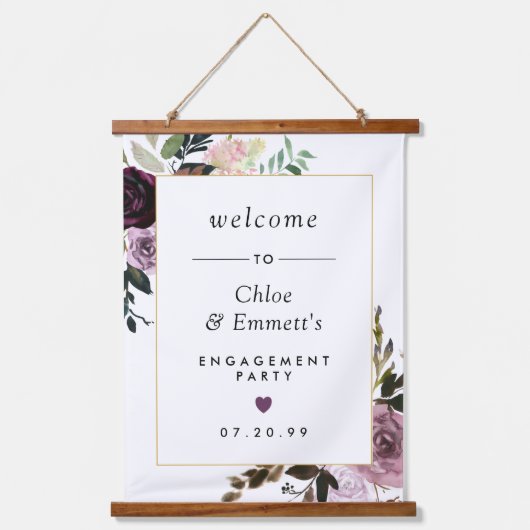 パープル ピンク フローラルエンゲージメントパーティー ウェルカムサイン 吊り下げ型タペストリー (正面)