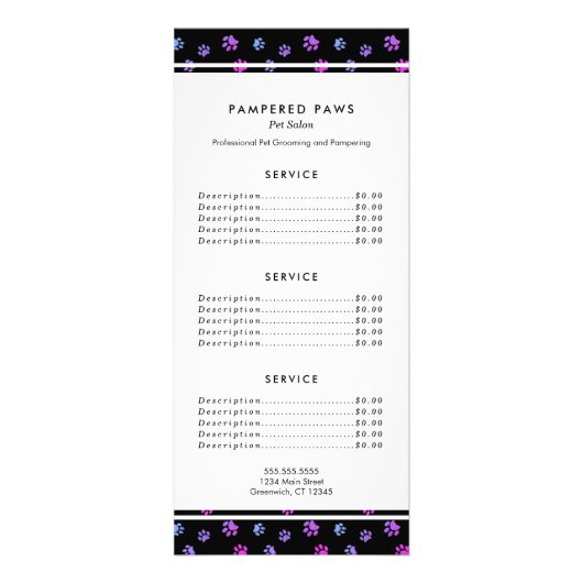パープル ピンク ブルー プロフェッショナル ペット サロン サービス ラックカード (正面)