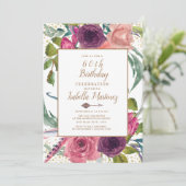 パープル ピンク ボヘミアンフィーバー フラワー ゴールド 60歳の誕生日 招待状 (スタンド正面)