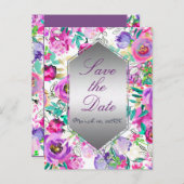 パープル ピンク モダン フラワー ウェディング セーブ ザ デート 案内ポストカード (正面/裏面)