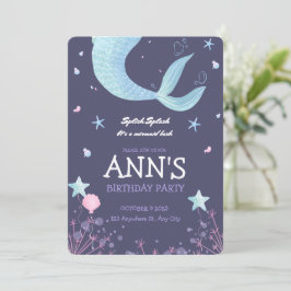 パープル ピンク 水彩 人魚 子供 誕生日 招待状