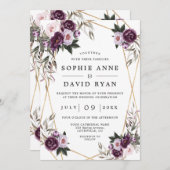 パープル ピンク 牡丹 ローズゴールド オールインワン ウェディング 招待状 (正面/裏面)