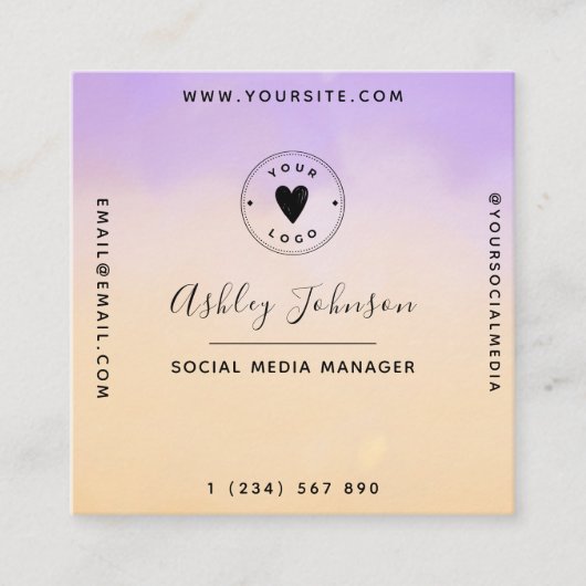 パープル&ピーチドリーミーQRコード&かわいいロゴモダン スクエア名刺 (正面)