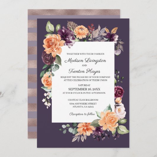 パープル ピーチ フローラル オータム ウェディング 招待状 (正面/裏面)