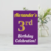 パープル、フェイクゴールドの3歳の誕生日お祝い＋名前 招待状 (スタンド正面)