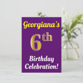 パープル、フェイクゴールド6歳の誕生日お祝い＋名前 招待状 (スタンド正面)