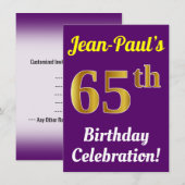 パープル、フェイクゴールド65歳の誕生日お祝い + 名前 招待状 (正面/裏面)
