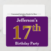 パープル、フェイクゴールド 17歳の誕生日パーティー; オーダーメイド ネーム 招待状 (正面/裏面)