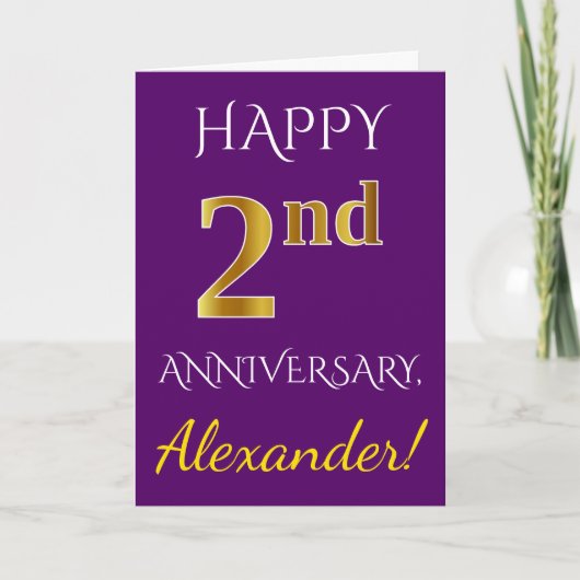 パープル、フェイクゴールド 2周年 結婚記念日 + 名前 カード (正面)