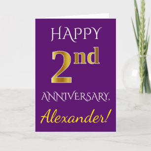 パープル、フェイクゴールド 2周年 結婚記念日 + 名前 カード