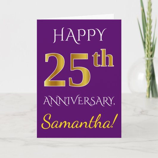 パープル、フェイクゴールド 25周年 結婚記念日 + 名前 カード (正面)
