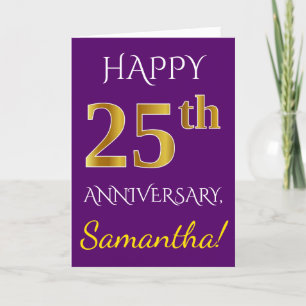 パープル、フェイクゴールド 25周年 結婚記念日 + 名前 カード
