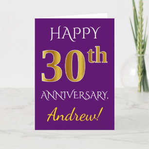 パープル、フェイクゴールド 30周年 結婚記念日 + 名前 カード