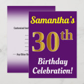 パープル・フェイクゴールド 30歳の誕生日お祝い + 名前 招待状 (正面/裏面)